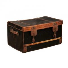 French 1890s Brown and Black Travel Trunk with Leather Straps and Aged Patina - 3491582