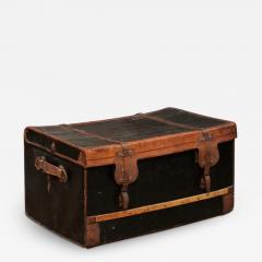 French 1890s Brown and Black Travel Trunk with Leather Straps and Aged Patina - 3493325
