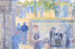 French 1890s Oil Proven al Painting of a Social Gathering in Shades of Blue - 3417217