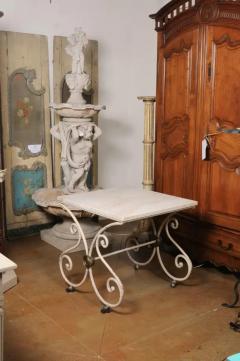 French 1890s Patisserie Table with Painted Iron Scrolling Base and Stone Top - 3509318