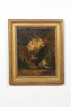 French 18th Century Framed Still Life Oil Painting with Bouquet and Parakeet - 3422687