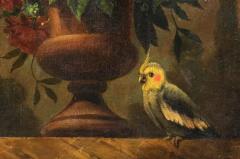 French 18th Century Framed Still Life Oil Painting with Bouquet and Parakeet - 3422767