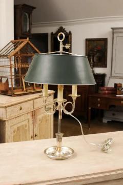 French 1900s Silvered Bronze Bouillotte Table Lamp with Horns and Green Shade - 3498630