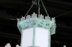 French 1910s Art Deco Hexagonal Lantern with Milk Glass and Verdigris Patina - 3498362