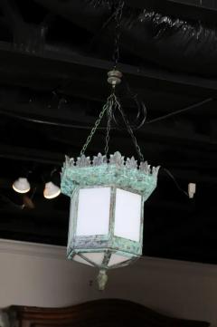 French 1910s Art Deco Hexagonal Lantern with Milk Glass and Verdigris Patina - 3498443