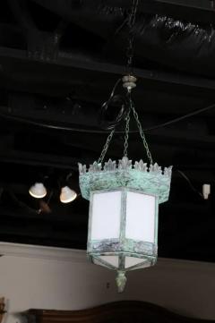 French 1910s Art Deco Hexagonal Lantern with Milk Glass and Verdigris Patina - 3498459