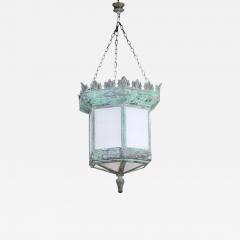 French 1910s Art Deco Hexagonal Lantern with Milk Glass and Verdigris Patina - 3511640