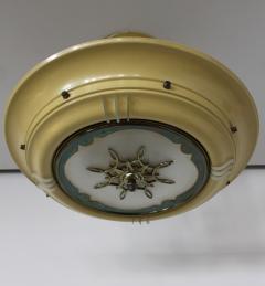 French 1950s Lacquered Metal Frosted Glass Chandelier with Brass Details - 612967