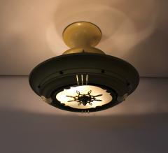 French 1950s Lacquered Metal Frosted Glass Chandelier with Brass Details - 612972