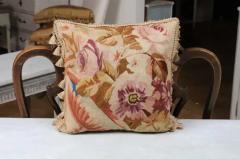 French 19th Century Aubusson Floral Tapestry Pillow with Petite Tassels - 3432730