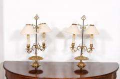 French 19th Century Brass Candlestick Lamps with Scrolling Arms a Wired Pair - 3592609