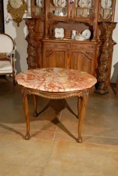 French 19th Century Carved Walnut Center Table with Original Variegated Marble - 3417127