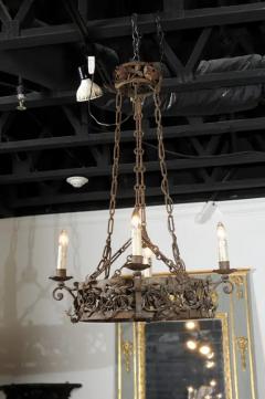 French 19th Century Four Light Iron Ring Chandelier with Flowers and Vines - 3432944