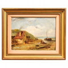 French 19th Century Framed Oil On Panel Painting Depicting a Village by the Sea - 3558404