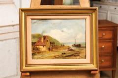 French 19th Century Framed Oil On Panel Painting Depicting a Village by the Sea - 3558480