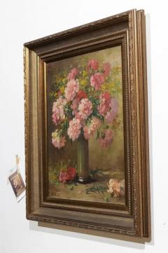 French 19th Century Framed Oil on Canvas Still Life Painting with Pink Bouquet - 3422630