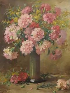 French 19th Century Framed Oil on Canvas Still Life Painting with Pink Bouquet - 3430449