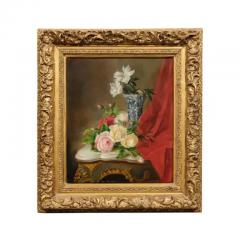 French 19th Century Gilt Frame Oil Painting Depicting Flowers on a Rococo Table - 3424452