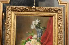 French 19th Century Gilt Frame Oil Painting Depicting Flowers on a Rococo Table - 3424453