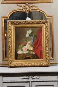 French 19th Century Gilt Frame Oil Painting Depicting Flowers on a Rococo Table - 3424460