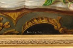 French 19th Century Gilt Frame Oil Painting Depicting Flowers on a Rococo Table - 3424464