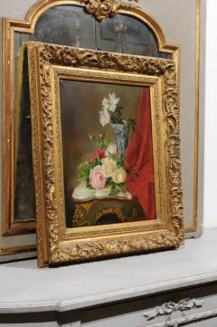 French 19th Century Gilt Frame Oil Painting Depicting Flowers on a Rococo Table - 3424501