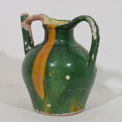 French 19th Century Green Yellow Glazed Terracotta Jug or Water Cruche Orjol - 4116223