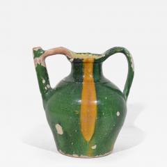 French 19th Century Green Yellow Glazed Terracotta Jug or Water Cruche Orjol - 4177113