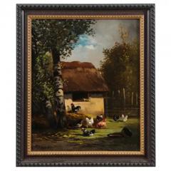 French 19th Century Oil on Canvas Painting Depicting Roosters in a Barnyard - 3461649