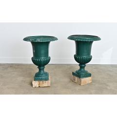 French 19th Century Pair of Cast Iron Urns on Stone Bases - 4555247