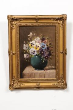 French 19th Century Still Life Oil Painting Depicting Pansies in Giltwood Frame - 3432750