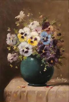 French 19th Century Still Life Oil Painting Depicting Pansies in Giltwood Frame - 3433546