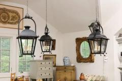 French 20th Century Black Iron Four Light Lanterns with Glass Panels Sold Each - 3509202