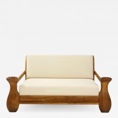 French Amorphic Oak Linen Settee France 1960s - 2098371