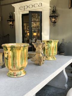 French Anduze Style Pottery Garden Pot with Yellow Green and Brown Drip Glaze - 1081883