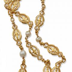 French Antique 18K Gold and Pearl Longchain Necklace - 3255841