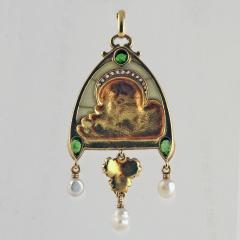 French Antique Gold Enamel Diamond Peridot and Plique Jour Juliet Pendant - 112485