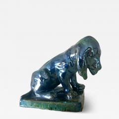 French Antique Pottery Art Nouveau Lustre Glaze Blue Green Dog Figure Sculpture - 4269399