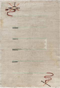 French Art Deco Beige Brown Green and Orange Hand Knotted Wool Rug - 2456302