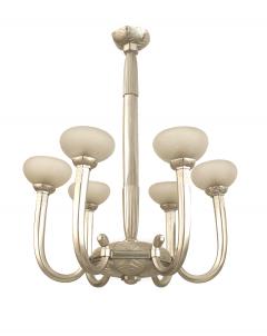 French Art Deco Bronze and Etched Glass Chandelier - 1277375