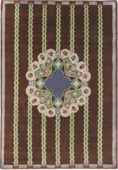 French Art Deco Brown Green Yellow Blue Lilac Handmade Wool Rug - 3582327