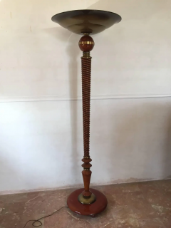 French Art Deco Carved Wood with Brass Decorations Floor Lamp 1930s - 2599606