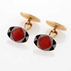 French Art Deco Coral Onyx and Diamond Cuff Links - 166836