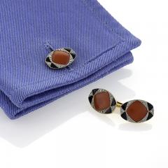 French Art Deco Coral Onyx and Diamond Cuff Links - 166837