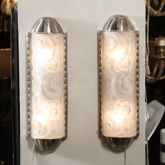 French Art Deco Cubist Silvered Bronze and Frosted Glass Stylized Floral Sconces - 1733383