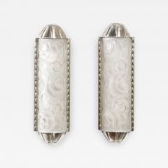 French Art Deco Cubist Silvered Bronze and Frosted Glass Stylized Floral Sconces - 1734239