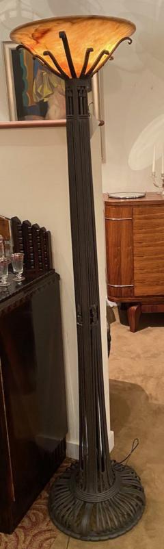 French Art Deco Custom Floor Lamp Iron Alabaster Torchiere - 3794552