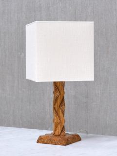 French Art Deco Geometric Oak Table Lamp with Linen Shade Late 1930s - 4481173
