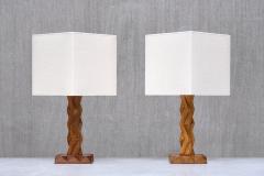French Art Deco Geometric Oak Table Lamp with Linen Shade Late 1930s - 4481182