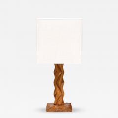 French Art Deco Geometric Oak Table Lamp with Linen Shade Late 1930s - 4483638